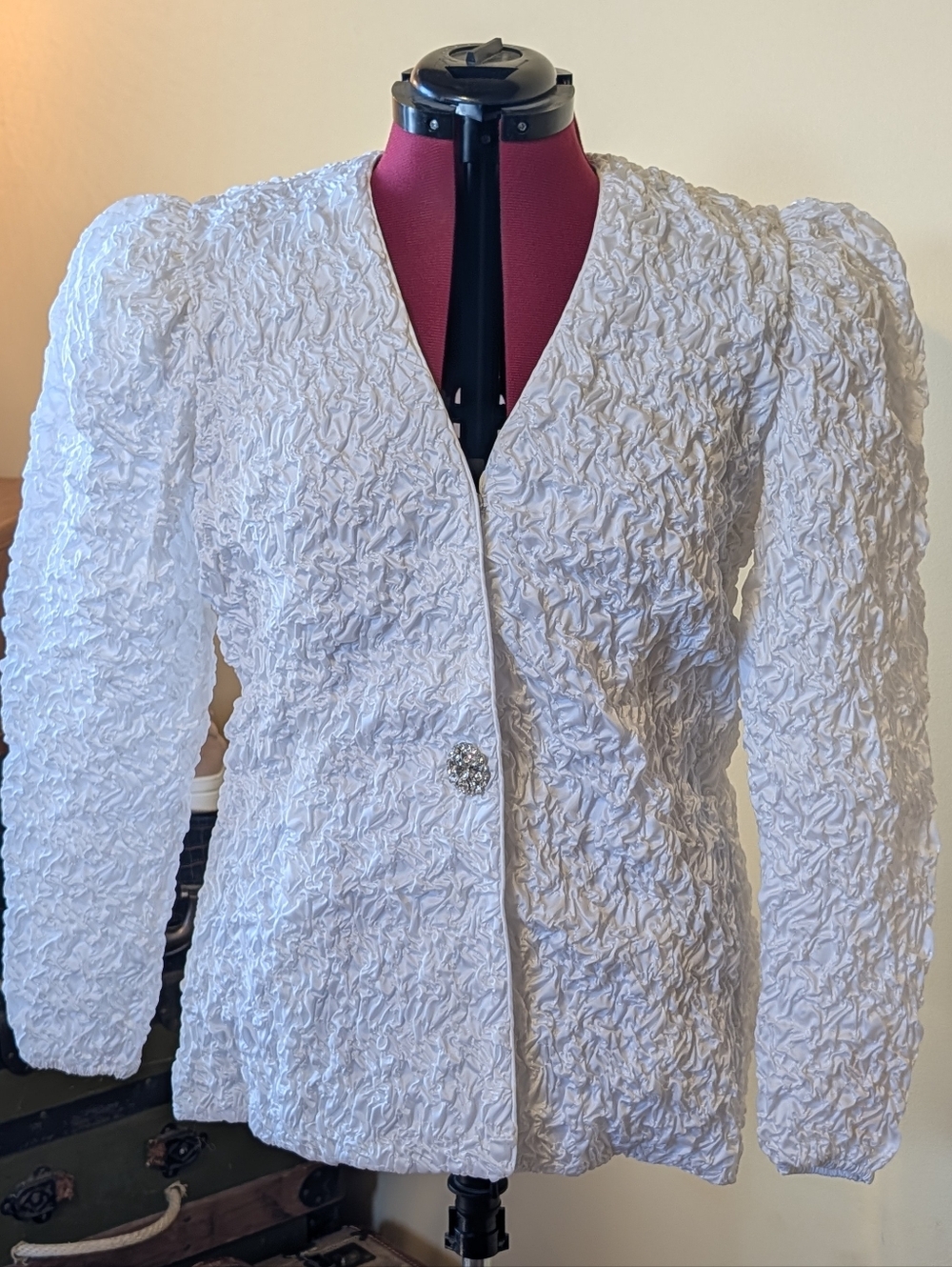 White Textured Puff-Sleeve Blazer with Decorative Button